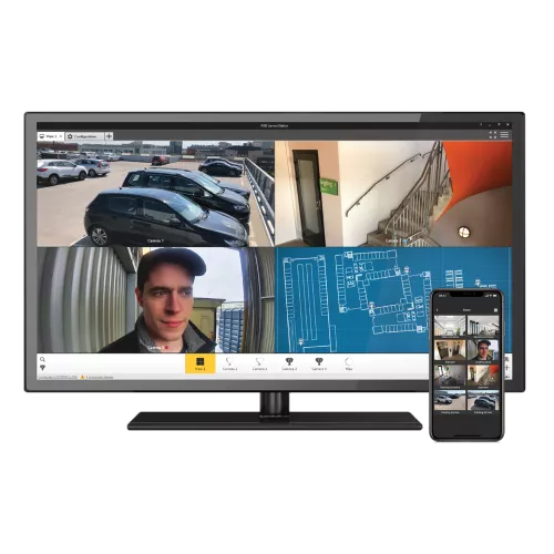 computer with four screen presenting videos surveillance scenarios