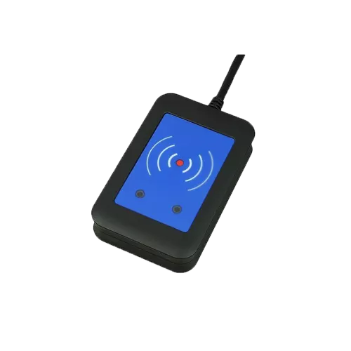 External RFID Card Reader 125kHz + 13,56MHz z NFC (USB), pod kątem z lewej