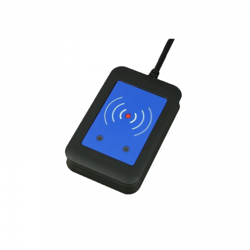 External RFID Card Reader 125kHz + 13.56MHz with NFC (USB), visto desde su ángulo izquierdo