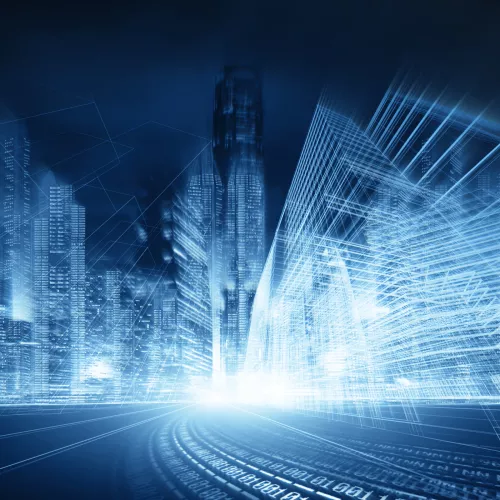 futuristic, virtual city in blue color