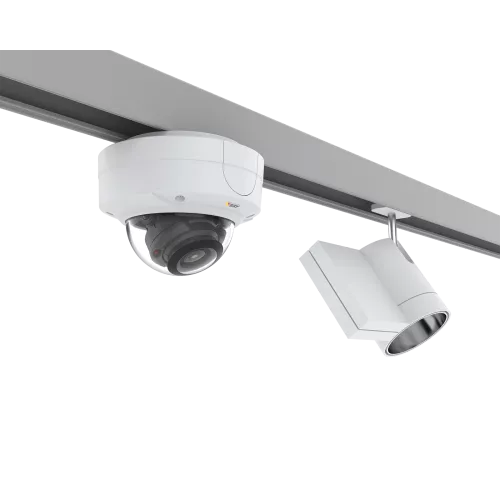 AXIS T91A33 avec AXIS T91B21 et AXIS P3228-lv sur un rail Zumtobel gris