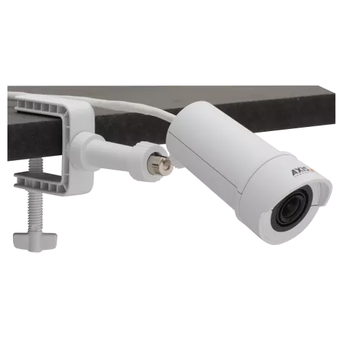 AXIS F8205 Bullet Accessory mit AXIS F1005-E Sensor Unit an einer Klemme montiert, von rechts