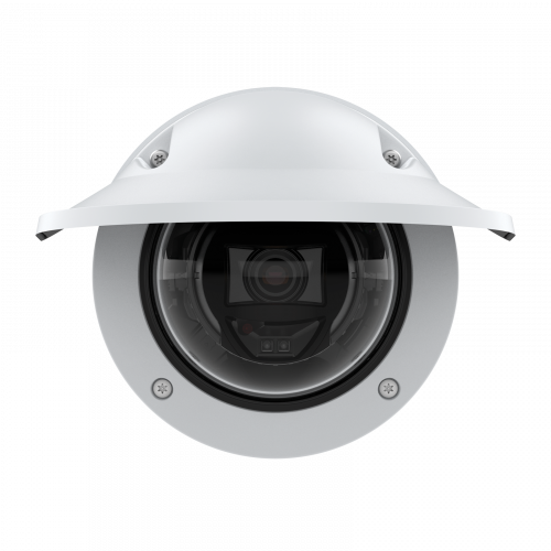 AXIS P3265-LVE Dome Camera z osłoną chroniącą przed wpływem warunków atmosferycznych zamontowana na ścianie — widok z przodu
