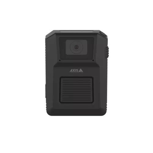 AXIS W101 Body Worn Camera in schwarzer Farbe, von vorne gesehen