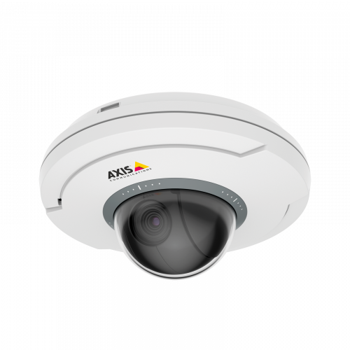 Czarno-biała kamera AXIS M5075 z logo AXIS, widok pod kątem z lewej strony