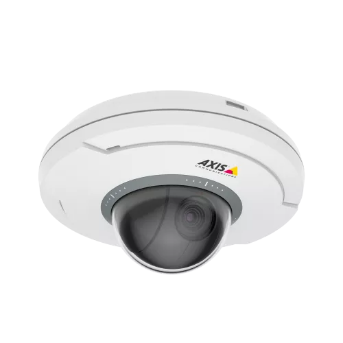 Câmera AXIS M5075 branca e preta com o logotipo AXIS em ângulo para a direita