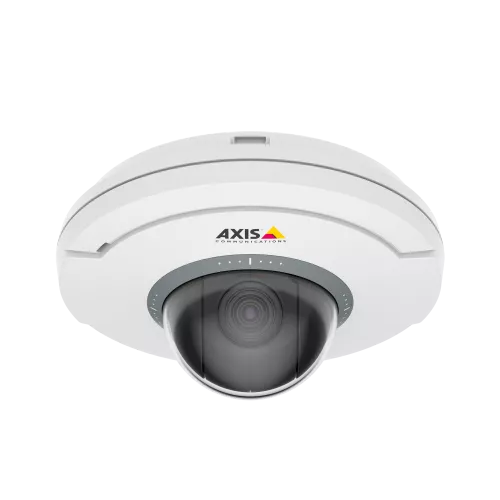 M5074 PTZ Camera black and white with a Axis logo viewed from its front