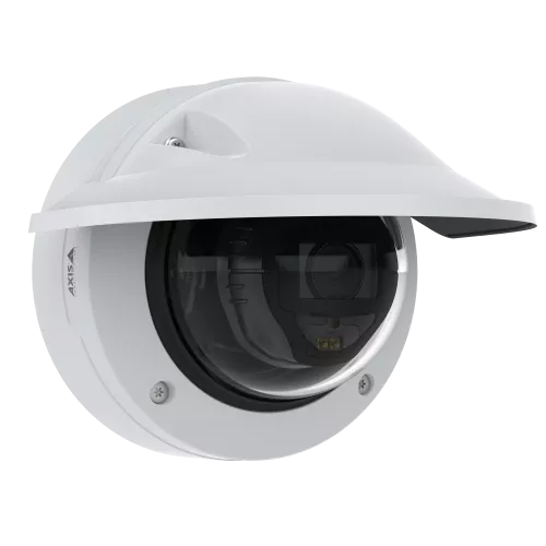 AXIS P3267-LVE, black camera with white weathercover angled from its left