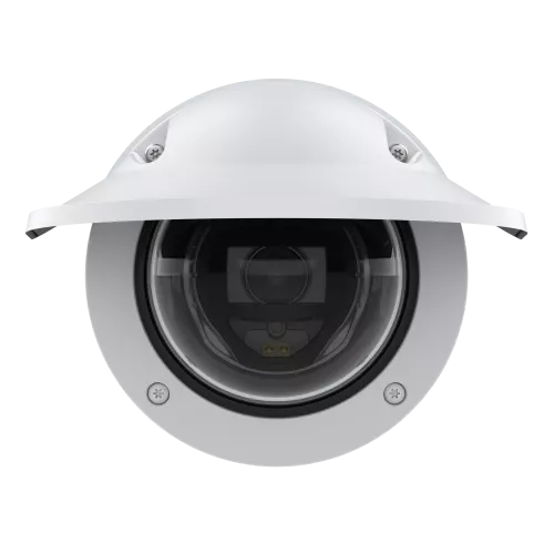 AXIS P3267-LVE black camera with white topcover angled from its front