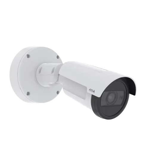 AXIS P1465-LE Bullet Camera, in Weiß mit Axis Logo, von rechts gesehen