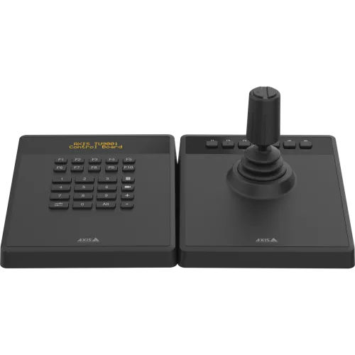 AXIS TU9001 Control Board for professional camera and video management, keypad and joystick next to each other, text on LCD display