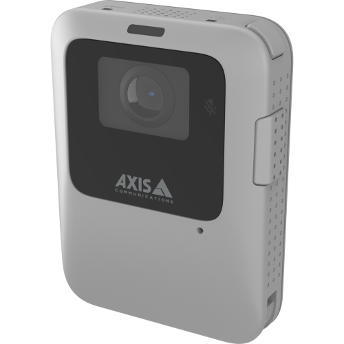 AXIS W110 Body Worn Camera de forma cuadrada y gris con lente negra y el logotipo de AXIS.