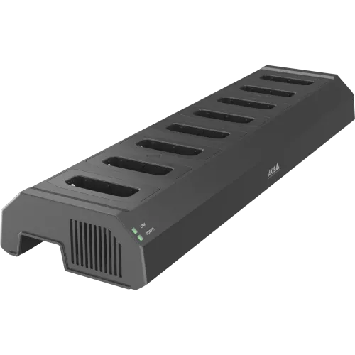 AXIS W703 Docking Station 8-bay, in black color, viewed from its left angle