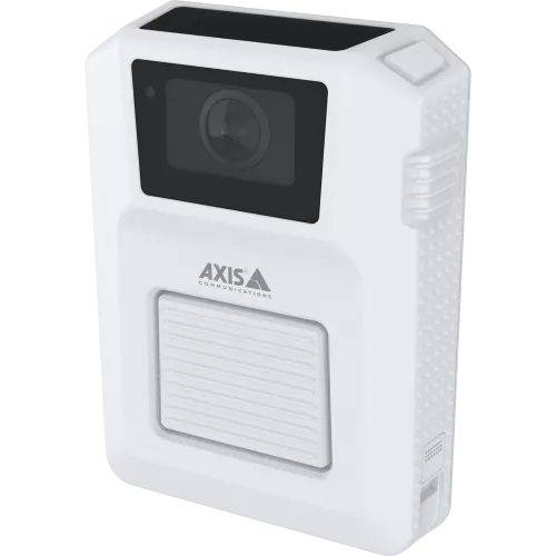 Caméra-piéton AXIS W102 blanche, vue de son angle gauche