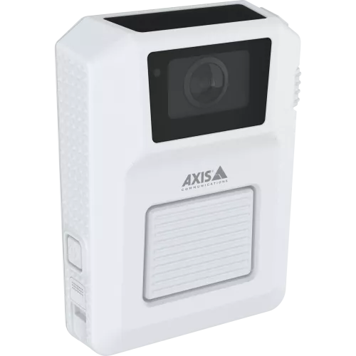 Caméra-piéton AXIS W102 blanche, vue de son angle droit