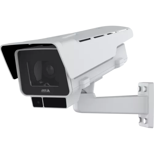 Axis box camera looking left on white background