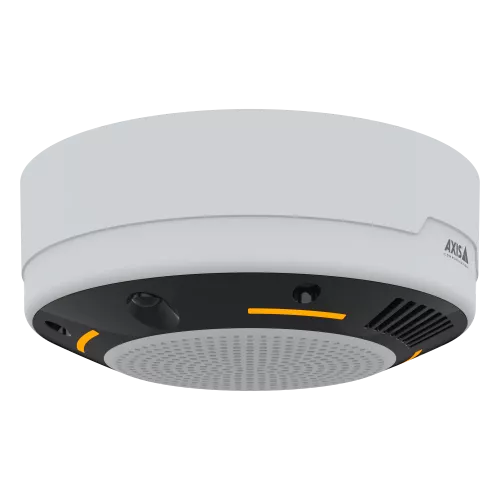 Ceiling-mounted air quality sensor with amber LEDs glowing.