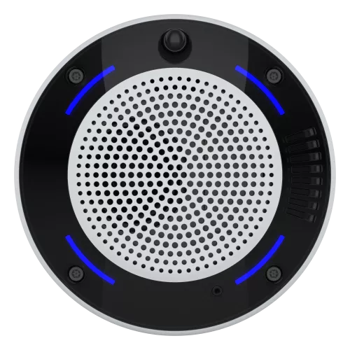 Front-facing air quality sensor with blue LEDs glowing.