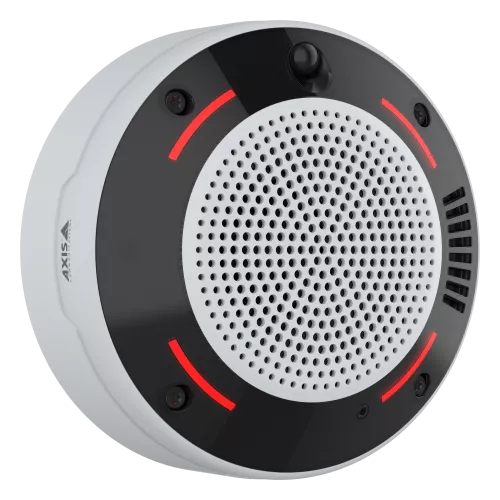 Air quality sensor facing right, with red LEDs glowing.