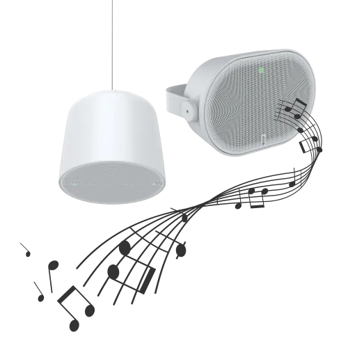 An image with AXIS C1511 Network Pendant Speaker and AXIS C1110-E Cabinet Speaker together with music tones symbols. 