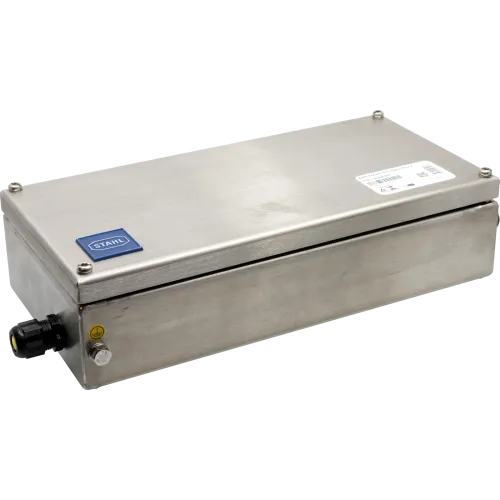 Steel AXIS TX1401 Fiber Optic Cable Splice Box viewed from its side