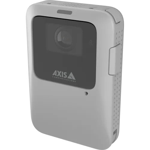 Gray AXIS W111 Body Worn Camera viewed from its left angle