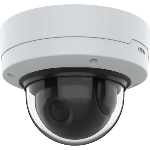 AXIS P3408-VE Dome camera in white, viewed from the left mounted on ceiling 