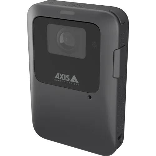 Black AXIS W111 Body Worn Camera viewed from its left angle