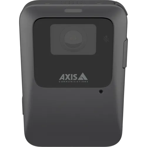 Gray AXIS W111 Body Worn Camera viewed from its front angle