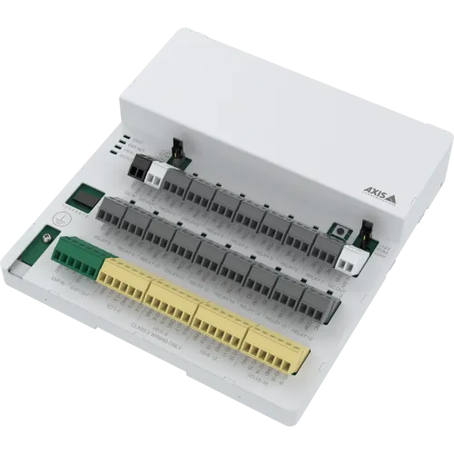White AXIS A9920 I/O Relay Expansion Module, visto desde su ángulo izquierdo