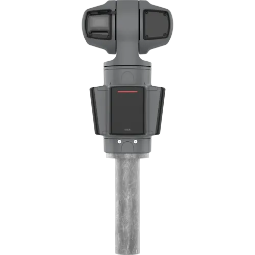 AXIS D2124-VE Radar in black, viewed from the front with AXIS Q6215-LE on a pole
