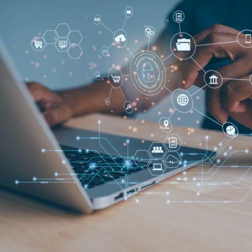 Man working on Management software on laptop