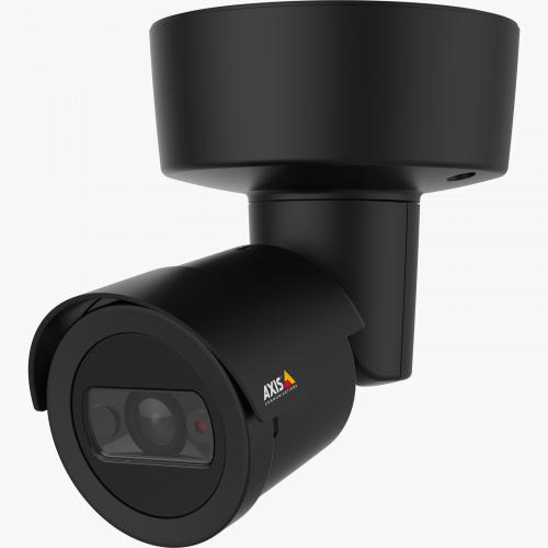 AXIS M2025-LE IP Camera de couleur noire, montée au plafond et vue de son angle gauche. 