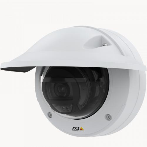 AXIS P3245 LVE IP Camera ha una qualità video HDTV 1080p. La telecamera è vista da sinistra e ha uno schermo di protezione dagli agenti atmosferici.