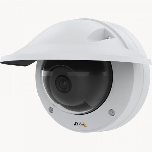 IP Camera AXIS p3245 ve has Remote focus and zoom and Lightfinder 2.0 and Forensic WDR. The camera is viewed with weathershield from angle left