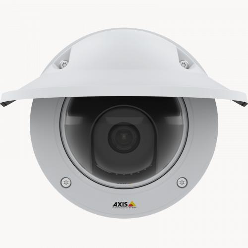 La cámara IP Camera AXIS p3245 ve tiene enfoque y zoom remotos y Zipstream compatible con H.264 y H.265. La cámara se ve con parasol desde el frente