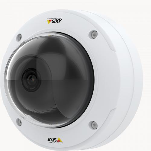La cámara IP Camera AXIS p3245 ve tiene Zipstream compatible con H.264 y H.265. La cámara se ve desde la izquierda.