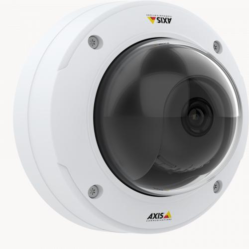 IP Camera AXIS p3245 ve has HDTV 1080p video quality and Lightfinder 2.0 and Forensic WDR. The camera is viewed from wall right
