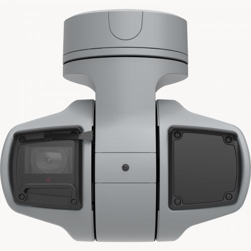 A câmera IP AXIS Q6215-LE IP Camera possui sensor de 1/2 pol. para ampla faixa dinâmica. A câmera é vista pela frente suspensa.