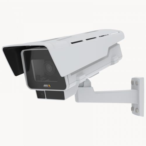 Die AXIS P1377-LE IP Camera verfügt über OptimizedIR und Forensic WDR. Ansicht des Produkts von links.