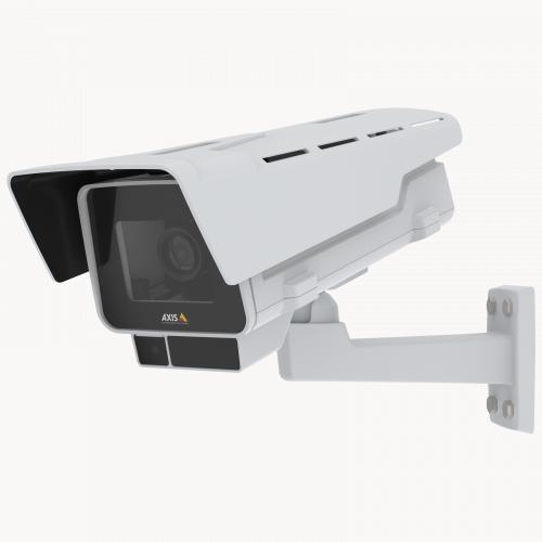 Die AXIS P1378-LE IP Camera verfügt über elektronische Bildstabilisierung und OptimizedIR. Ansicht des Produkts von links.