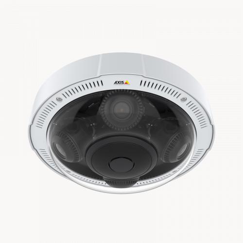 The IP camera AXIS P3719-PLE mounted to the ceiling, viewed from its front.