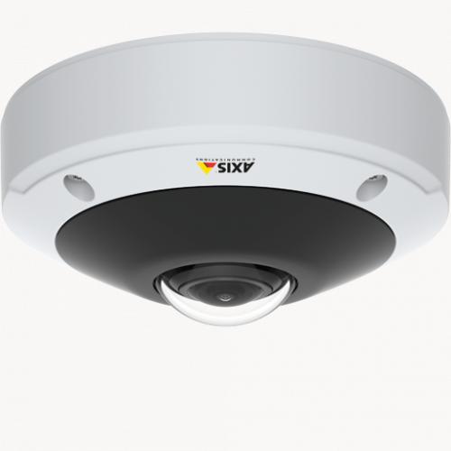 AXIS M3058-PLVE mounted in ceiling. The camera features a stereographic lens.