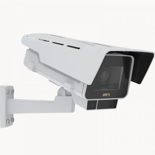 AXIS P1375-E IP Camera com kit iluminador IR montada na parede e vista pela direita