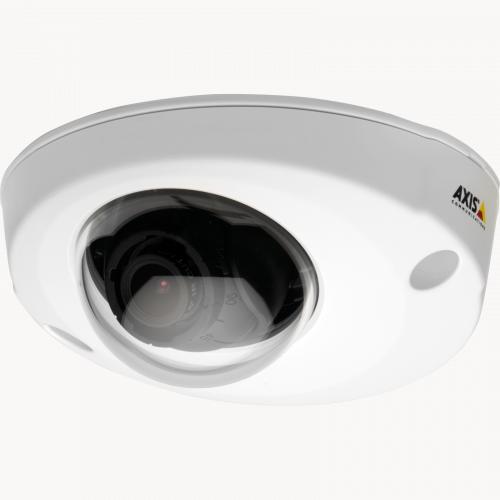 A AXIS P3905-R Mk II IP Camera possui um design compacto e robusto. A câmera é vista pelo ângulo esquerdo. 