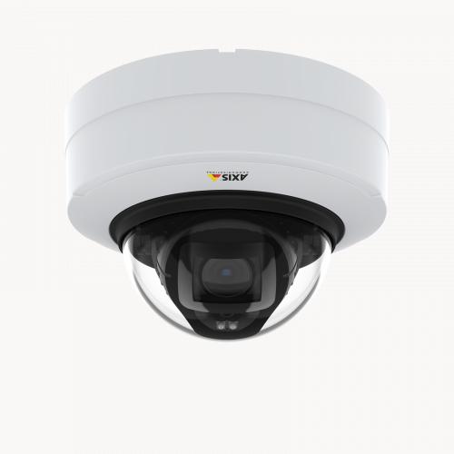 White IP camera AXIS P3247-LV viewed from its front.