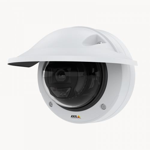 AXIS P3245-LVE IP Camera, with weathershield, viewed from its left angle