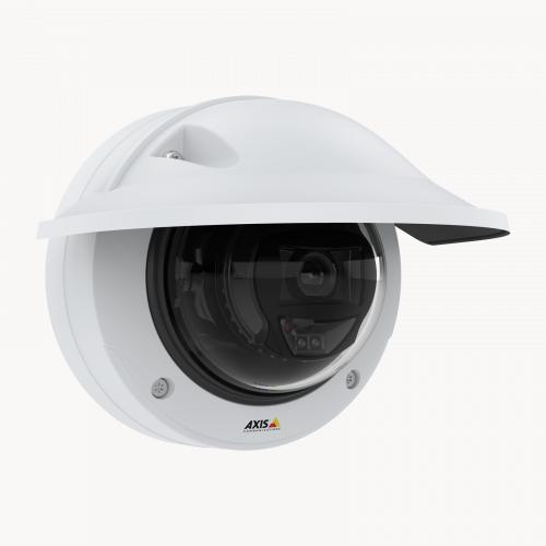 AXIS P3245-LVE IP Camera, with weathershield, viewed from its right angle