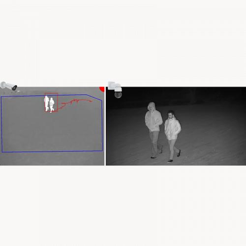 Dwa czarno-szare zdjęcia dwóch spacerujących osób. Dwie kamery ustawione pod kątem z prawej strony.