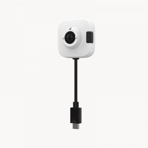 AXIS TW1201 Body Worn Mini Cube Sensor in white color, viewed from its left angle